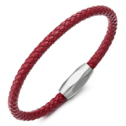 COOLSTEELANDBEYOND Minimalistischen Herren Damen Dünn Rot Geflochtenes Leder Armreif Schweißband Armband, Edelstahl Ovalen Magnetverschluss von COOLSTEELANDBEYOND