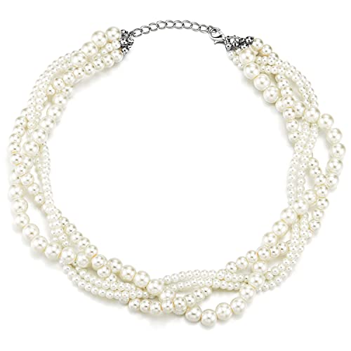 COOLSTEELANDBEYOND Mode Statement Halsketten Multi-Schichten Geflochtene Weiß Perle Kette Halsband Choker von COOLSTEELANDBEYOND