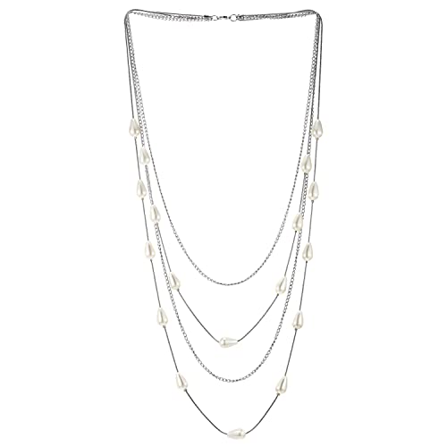 COOLSTEELANDBEYOND Multi-Schichten Wasserfall Statement Halskette Geschichtet Lange Kette mit Träne Weiß Perle Charme, Abendkleid Partei von COOLSTEELANDBEYOND