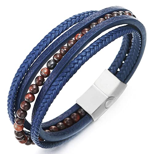 COOLSTEELANDBEYOND Multi-Strang Armband Braun Edelsteine Wulst Kette Blau Geflochtene Leder Schweißband Edelstahl Magnetverschluss von COOLSTEELANDBEYOND