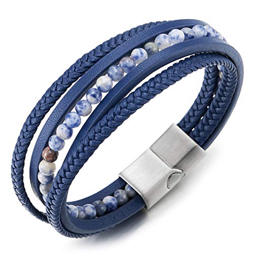 COOLSTEELANDBEYOND Multi-Strang Armband Dunkelblau Edelsteine Wulst Kette Geflochtene Leder Schweißband Edelstahl Magnetverschluss von COOLSTEELANDBEYOND