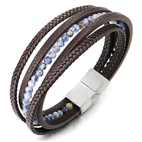 COOLSTEELANDBEYOND Multi-Strang Armband Edelsteine Wulst Kette Braun Geflochtene Leder Schweißband Edelstahl Magnetverschluss von COOLSTEELANDBEYOND