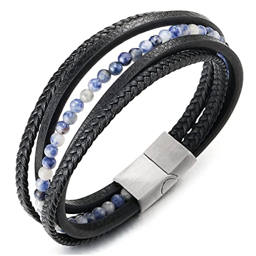 COOLSTEELANDBEYOND Multi-Strang Armband Edelsteine Wulst Kette Schwarz Geflochtene Leder Schweißband Edelstahl Magnetverschluss von COOLSTEELANDBEYOND