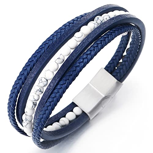 COOLSTEELANDBEYOND Multi-Strang Armband Weiß Edelsteine Wulst Kette Blau Geflochtene Leder Schweißband Edelstahl Magnetverschluss COOLSTEELANDBEYOND Multi-Strang Armband Weiß Edelsteine Wulst Kette Blau Geflochtene Leder Schweißband Edelstahl Magnetverschluss von COOLSTEELANDBEYOND