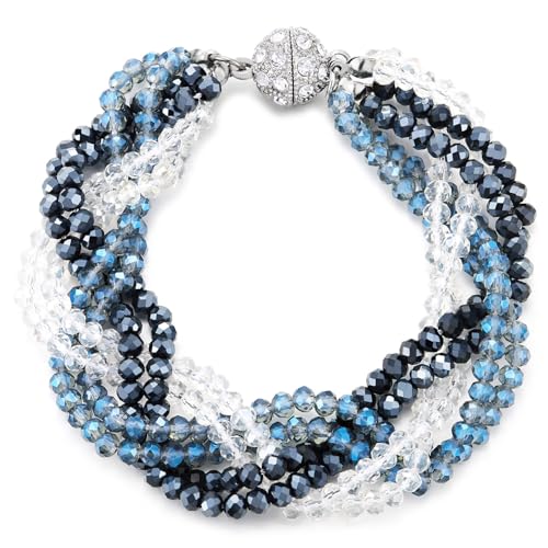 COOLSTEELANDBEYOND Multi-Strang Perlen Armband, Blau und Klarer Kristall Wulst Verdrehte Design, Ball Charme Verschluss von COOLSTEELANDBEYOND