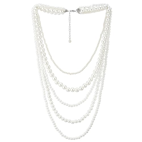 COOLSTEELANDBEYOND Multi-Strang Weiß Perle Statement Halskette Halsband Wulst Charme Anhänger, Abendkleid Hochzeit Partei von COOLSTEELANDBEYOND