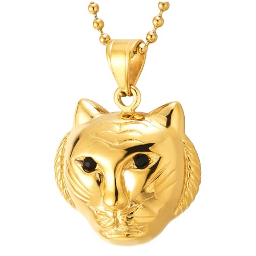 COOLSTEELANDBEYOND Mutiger Goldener Tigerkopf-Anhänger-Halskette für Herren 3D Edelstahl mit Schwarzen Zirkonia-Augen von COOLSTEELANDBEYOND