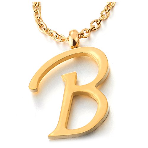 COOLSTEELANDBEYOND Name Initiale Alphabet Buchstaben B Anhänger Edelstah Halskette für Damen Herren Farbe Gold mit 50cm Stahl Seil-Kette von COOLSTEELANDBEYOND