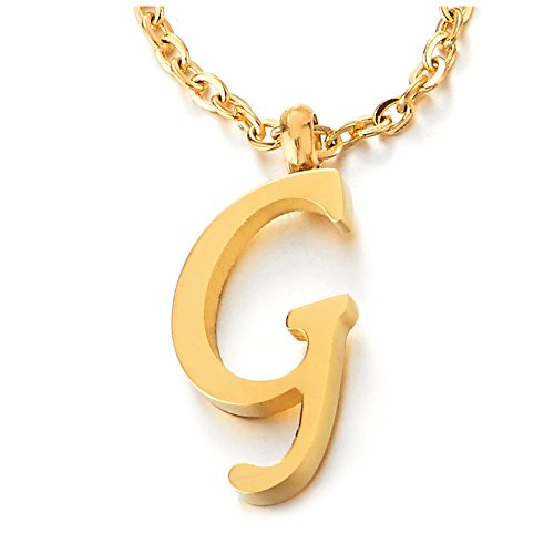 COOLSTEELANDBEYOND Name Initiale Alphabet Buchstaben G Anhänger Edelstah Halskette für Damen Herren Farbe Gold mit 50cm Stahl Seil-Kette von COOLSTEELANDBEYOND