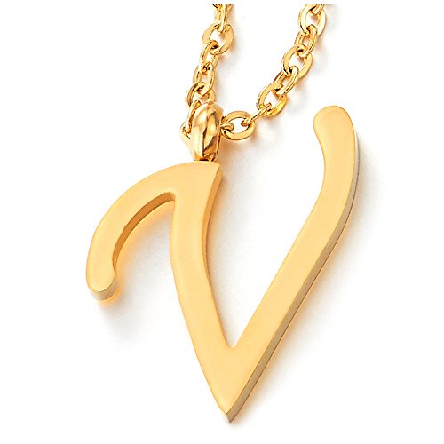 COOLSTEELANDBEYOND Name Initiale Alphabet Buchstaben V Anhänger Edelstah Halskette für Damen Herren Farbe Gold mit 50cm Stahl Seil-Kette von COOLSTEELANDBEYOND