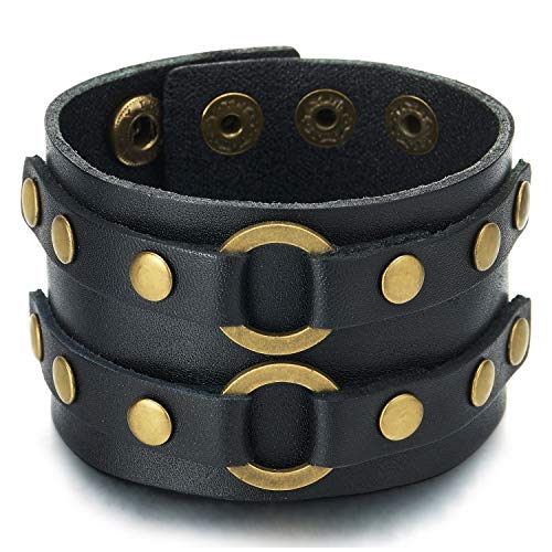 COOLSTEELANDBEYOND Neues Herren Schwarz Leder-Armband Echtem Leder Armreif mit Gealtertes Messing Nieten und Snap Taste von COOLSTEELANDBEYOND