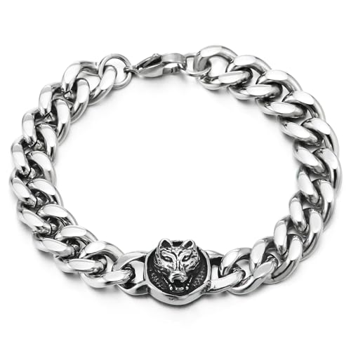 COOLSTEELANDBEYOND Nordisch Wikinger Amulett Fenrir Wolfskopf Armband für Herren, Gothic Biker,Edelstahl Panzerkette Link Armband von COOLSTEELANDBEYOND