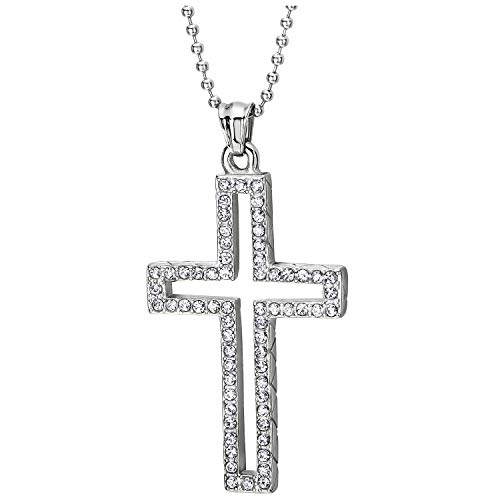 COOLSTEELANDBEYOND Offenes Kreuz Anhänger mit Zirkonia, Herren Damen Edelstahl-Halskette 75cm Stahl Kugelkette von COOLSTEELANDBEYOND