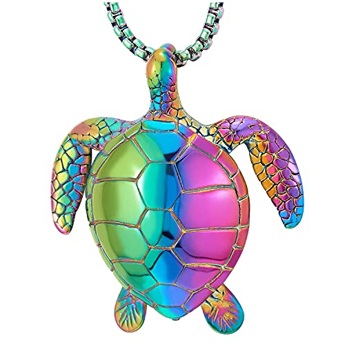 COOLSTEELANDBEYOND Oxidiert Regenbogen Schildkröte Anhänger Edelstahlkette für Herren Damen, 61.5cm Stahl Weizen-Kette, Tierstil Liebe von COOLSTEELANDBEYOND