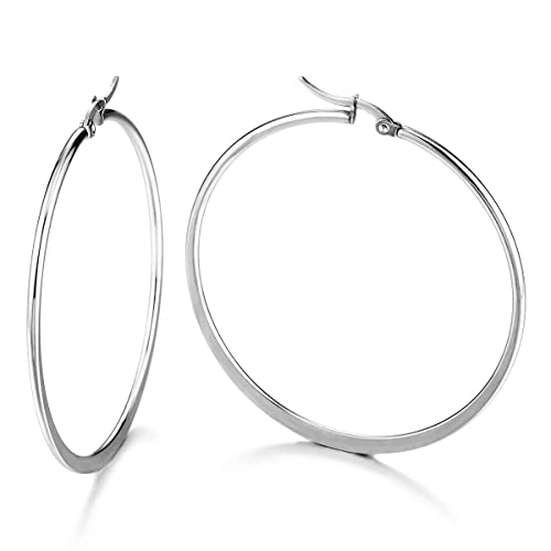 Paar GroBe Flacher Kreis Creolen fur Damen, Edelstahl Huggie Ohrringe Silber Farbe von COOLSTEELANDBEYOND