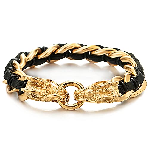 COOLSTEELANDBEYOND Panzerkette Geflochtenes Leder-Armband Goldfarben Drachen-Armband für Herren aus Edelstahl und Schwarz Echtem Leder COOLSTEELANDBEYOND Panzerkette Geflochtenes Leder-Armband Goldfarben Drachen-Armband für Herren aus Edelstahl und Schwarz Echtem Leder von COOLSTEELANDBEYOND