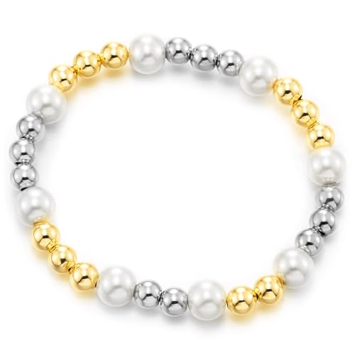 COOLSTEELANDBEYOND Perlen-Stretcharmband mit Gold- und Silberfarbenen Runden Perlen Zartes Stapelbares Elegantes Schmuck Geschenk von COOLSTEELANDBEYOND