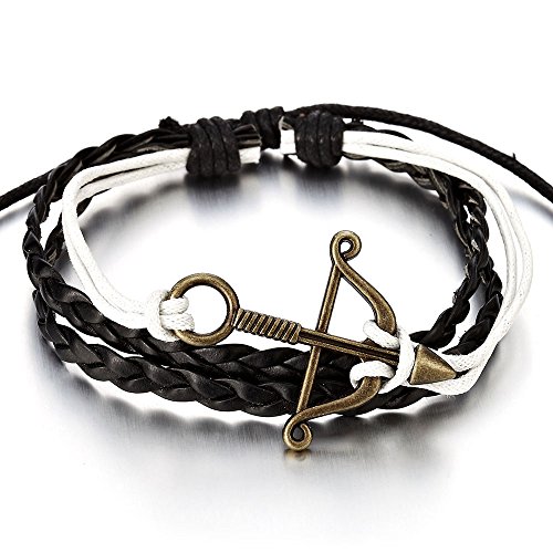 COOLSTEELANDBEYOND Pfeil und Bogen Weiß Schwarz Leder Baumwolle Armband, Multi-Strang Herren Damen Wickeln um Strap Schweissband Armreif von COOLSTEELANDBEYOND
