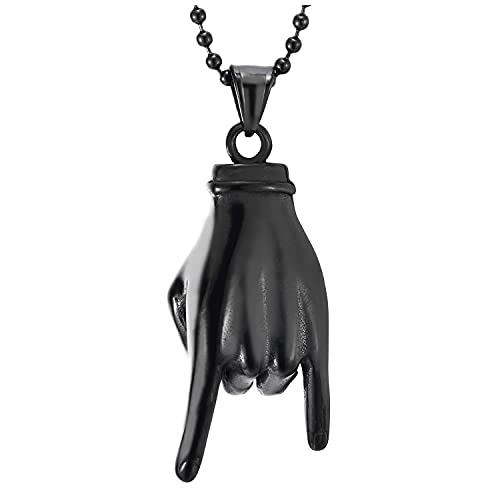 COOLSTEELANDBEYOND Punk Rock und Roll, Herren Damen Edelstahl Schwarz Hand Halskette Anhänger mit 75cm Stahl Kugelkette von COOLSTEELANDBEYOND