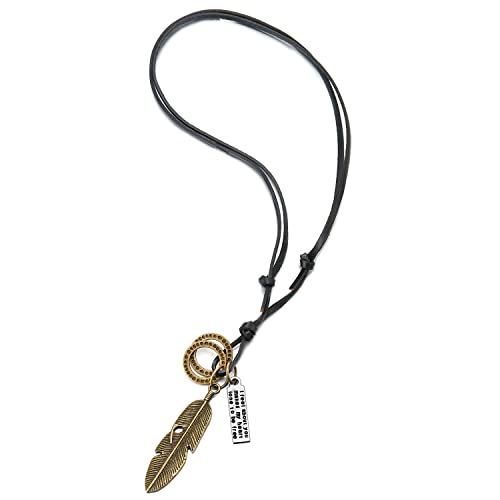 COOLSTEELANDBEYOND Retro-Stil Gealtertes Messing Feder Anhänger Herren Damen Halskette mit Verstellbaren Schwarz Lederband von COOLSTEELANDBEYOND