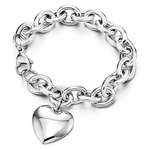 COOLSTEELANDBEYOND Rolo Kette Charm-Armband für Damen, Gliederarmband Edelstahlarmband mit Puff Herz, Poliert von COOLSTEELANDBEYOND