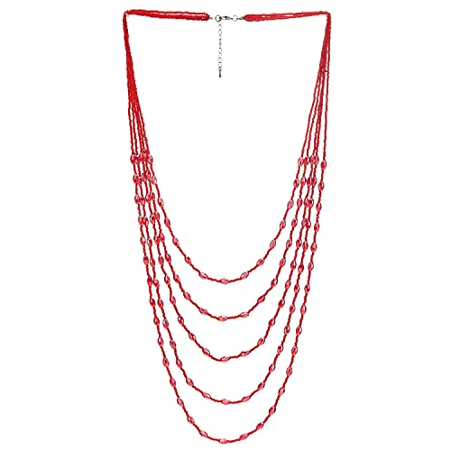 COOLSTEELANDBEYOND Rot Statement Halskette Multi-Schichten Lange Kette mit Ovalen Kristall Perlen Charme Anhänger von COOLSTEELANDBEYOND
