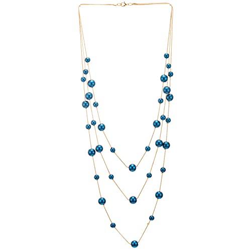 COOLSTEELANDBEYOND Rotgold Statement Halskette Drei Stränge Lange Kette mit Blau Synthetische Perle Perlen Anhänger, Abendkleid Elegante von COOLSTEELANDBEYOND