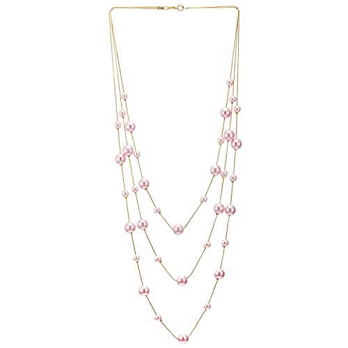 COOLSTEELANDBEYOND Rotgold Statement Halskette Drei Stränge Lange Kette mit Rosa Synthetische Perle Perlen Anhänger, Abendkleid Elegante von COOLSTEELANDBEYOND