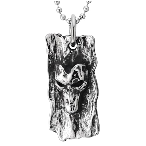 COOLSTEELANDBEYOND Rustikale Totenkopf-Anhänger-Halskette für Herren Gehämmertes Dog Tag Design Edelstahl Gothic Biker Stil von COOLSTEELANDBEYOND