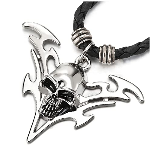 COOLSTEELANDBEYOND Schädel Anhänger Herren Damen Halskette mit Verstellbaren Schwarz Geflochtene Lederband von COOLSTEELANDBEYOND