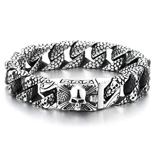 COOLSTEELANDBEYOND Schädel Bettelarmband mit Charme Schlangenhaut-Muster Edelstahl Panzerkette Armband mit Piraten Schädel Verschluss von COOLSTEELANDBEYOND