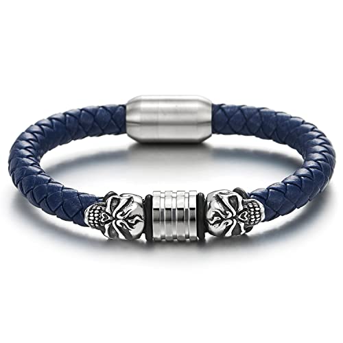 COOLSTEELANDBEYOND Schädel Lederarmband Herren Armband Blau Leder Armreif mit Edelstahl Magnetverschluss von COOLSTEELANDBEYOND