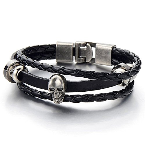 Schädel Multi-Strang Leder-Armband Wickeln Schweißband Jungen Herren Damen Armband Schwarz Geflochtenes Leder von COOLSTEELANDBEYOND