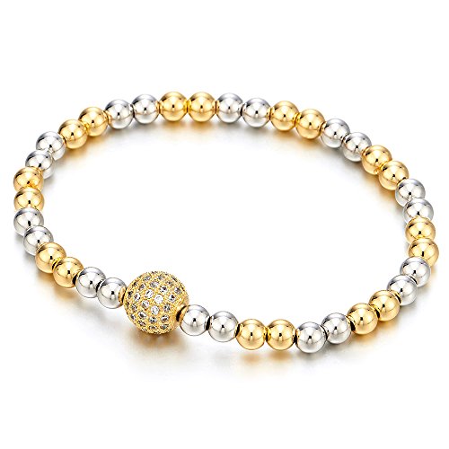 COOLSTEELANDBEYOND Schöne Gold Silber Zweifarbig Damen Mädchen Perlen-Armband mit Zirkonia Ball von COOLSTEELANDBEYOND