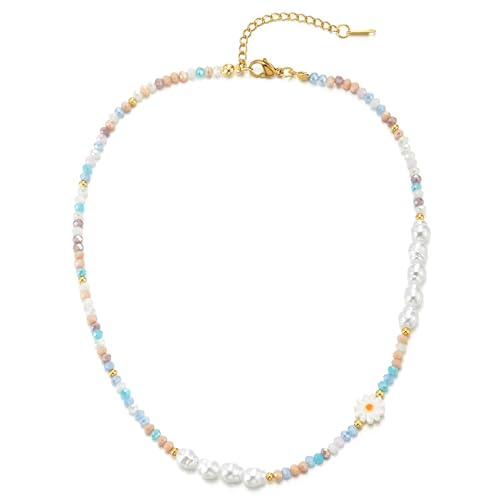 COOLSTEELANDBEYOND Schöne Wulst und Perlen Schnur Choker Halskette Statement Halskette, Multifarben Niedliche Gänseblümchen von COOLSTEELANDBEYOND