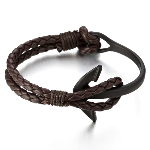 COOLSTEELANDBEYOND Schwarz Anker Armband Herren Armband Armreif mit Braun Geflochtene Lederriemen von COOLSTEELANDBEYOND