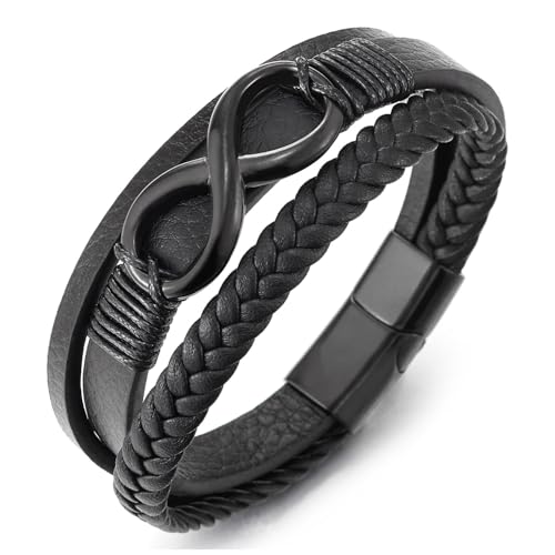 COOLSTEELANDBEYOND Schwarz Edelstahl Infinity Liebe Number 8 Freundschaft Drei Stränge Schwarz Geflochtene Leder Armreif Armband von COOLSTEELANDBEYOND