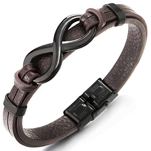 COOLSTEELANDBEYOND Schwarz Edelstahl Infinity Liebe Unendlich Number 8 Verflochtenen Braun Leder Armband Herren Damen von COOLSTEELANDBEYOND