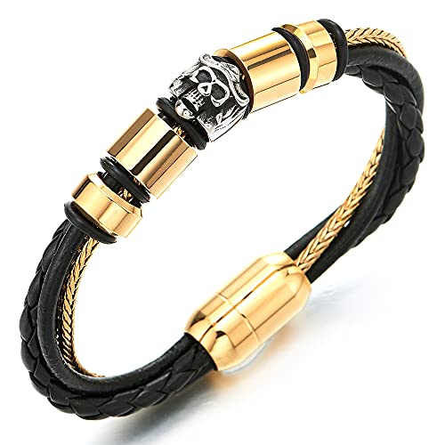 COOLSTEELANDBEYOND Schwarz Geflochtene Lederarmband, Edelstahl Gold Fuchsschwanzkette Armreif, Kapitän Schädel Gold Wulst Charme von COOLSTEELANDBEYOND