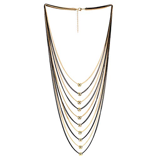 COOLSTEELANDBEYOND Schwarz Gold Statement Halskette Wasserfall Multi-Schichten Lange Kette Wulst Ball Charme Anhänger, Abendkleid von COOLSTEELANDBEYOND
