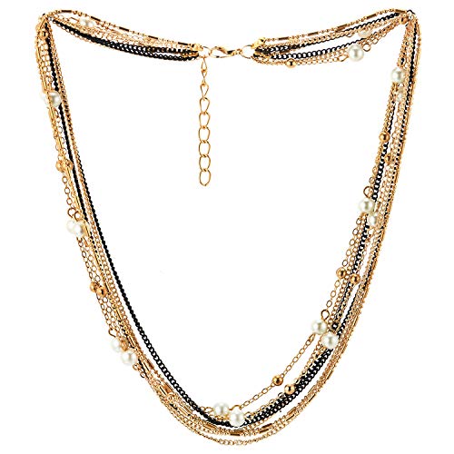 COOLSTEELANDBEYOND Schwarz Goldfarben Statement Kragen Halsband Halskette Multi-Schichten Kette mit Synthetische Perle Ball Charme von COOLSTEELANDBEYOND