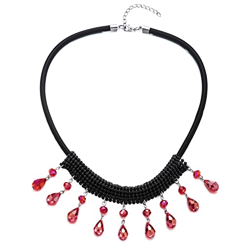 COOLSTEELANDBEYOND Schwarz Lätzchen Halsband Choker Halsketten mit Baumelnde Glänzende Rot Kristall Wulst Quaste Anhänger von COOLSTEELANDBEYOND