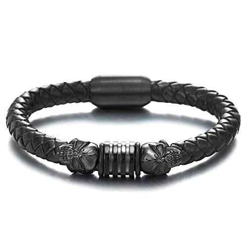 COOLSTEELANDBEYOND Schwarz Schädel Lederarmband Herren Armband Schwarz Leder Armreif mit Edelstahl Magnetverschluss von COOLSTEELANDBEYOND