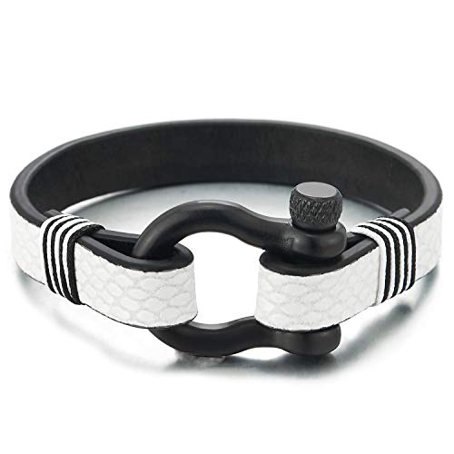 COOLSTEELANDBEYOND Schwarz Schraube Anker Armband Damen Herren, Weiß Drucken Leder, Nautisch Matrose Wickeln Schweissband Einzigartige von COOLSTEELANDBEYOND