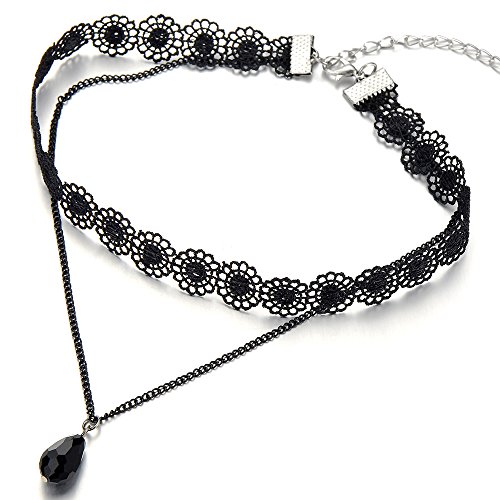 COOLSTEELANDBEYOND Schwarz Spitze Kette Tätowierung Choker Halsketten Halskette für Damen mit Träne Wulst Schwarz Charm Anhänger von COOLSTEELANDBEYOND