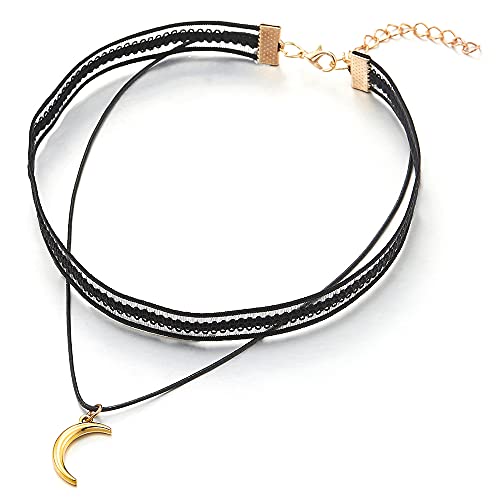COOLSTEELANDBEYOND Schwarz Spitze Tätowierung Choker Halsketten Halskette für Damen mit Goldfarben Poliert Halbmond Mond Charm Anhänger von COOLSTEELANDBEYOND