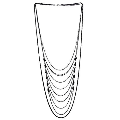 COOLSTEELANDBEYOND Schwarz Statement Halskette Wasserfall Multi-Schichten Kette mit Kristall Perlen Charme Anhänger, Abendkleid von COOLSTEELANDBEYOND