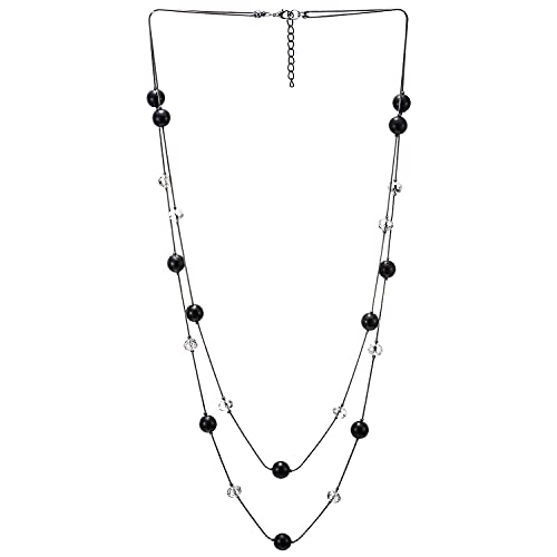 COOLSTEELANDBEYOND Schwarz Statement Halskette Zwei Strang Lange Kette mit Transparente Kristall Perlen Charme Anhänger, Modisch Abendkleid von COOLSTEELANDBEYOND