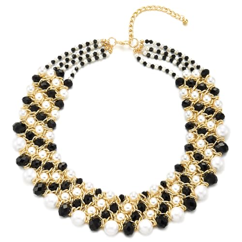 COOLSTEELANDBEYOND Schwarz Weiß Perlen Statement Halskette, Mehrlagige Chunky Choker mit Goldkette, Retro Glam Schmuck COOLSTEELANDBEYOND Schwarz Weiß Perlen Statement Halskette, Mehrlagige Chunky Choker mit Goldkette, Retro Glam Schmuck von COOLSTEELANDBEYOND