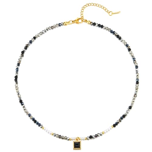 COOLSTEELANDBEYOND Schwarz Weiß Perlen Statement Halskette Kristall Kette Halsband Choker Halskette mit Charme von COOLSTEELANDBEYOND